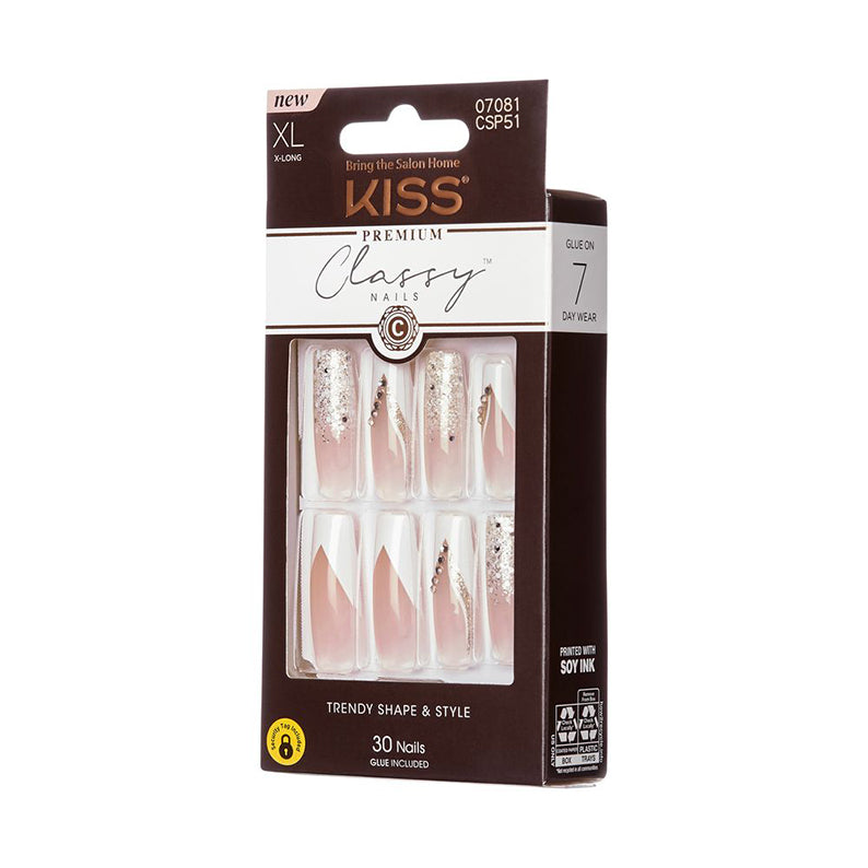 Kiss Premium Classy XL press on nails. Pink long French tips with gold glitter accents 30 pack