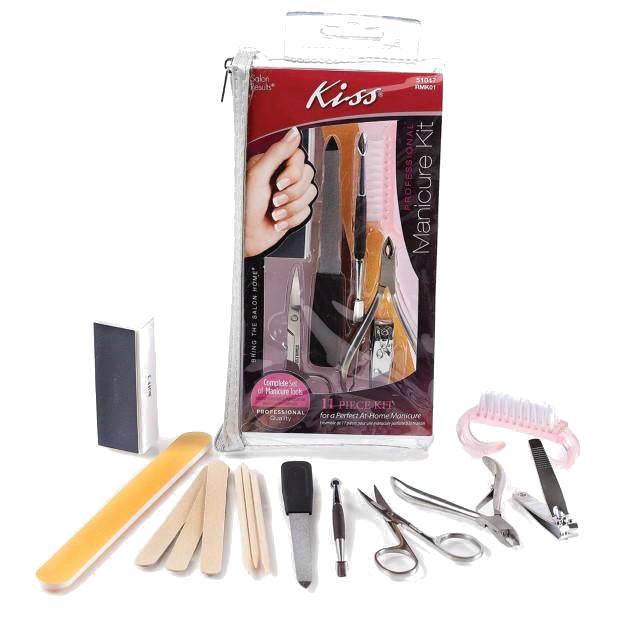 Kiss Professional Manicure Kit clear zip pouch with nail clippers scissors files buffers and manicure tools for home use