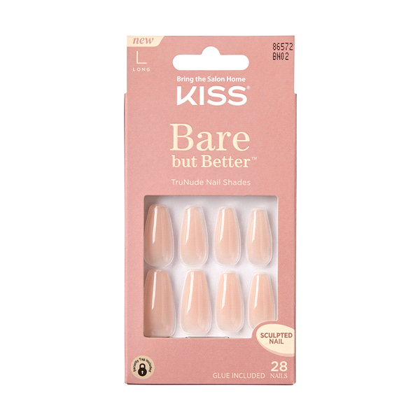 IVY BEAUTY by KISS Bare but Better package showing nude press on nails long sculpted 28 nails glue included