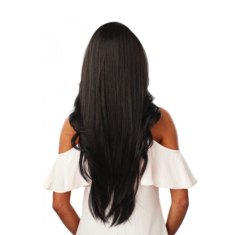 SENSATIONNEL long dark straight wig back view on model wearing white off shoulder dress Cloud 9 What Lace Swiss lace front wig.