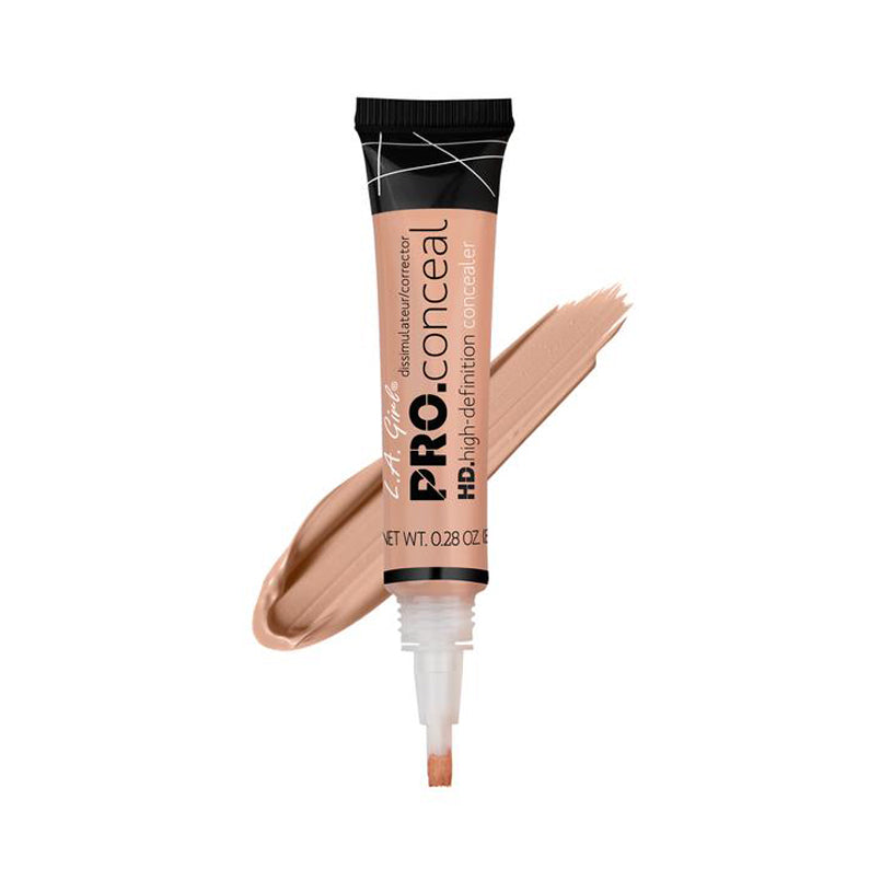 LA Girl HD Pro Concealer tube with brush tip and beige concealer swatch on white background