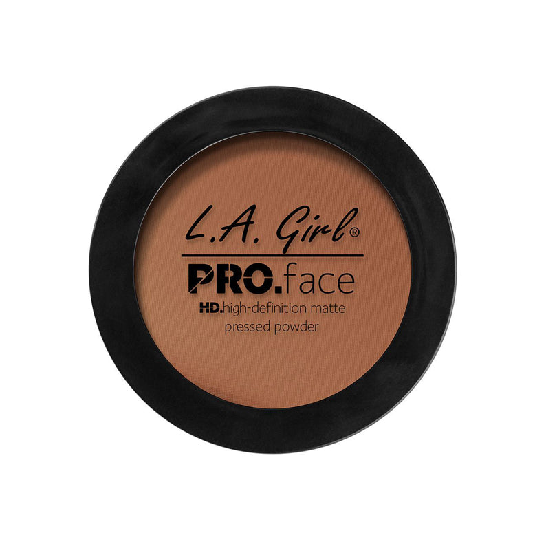 LA Girl Pro Face Matte Powder pressed powder in a medium brown shade with black compact packaging