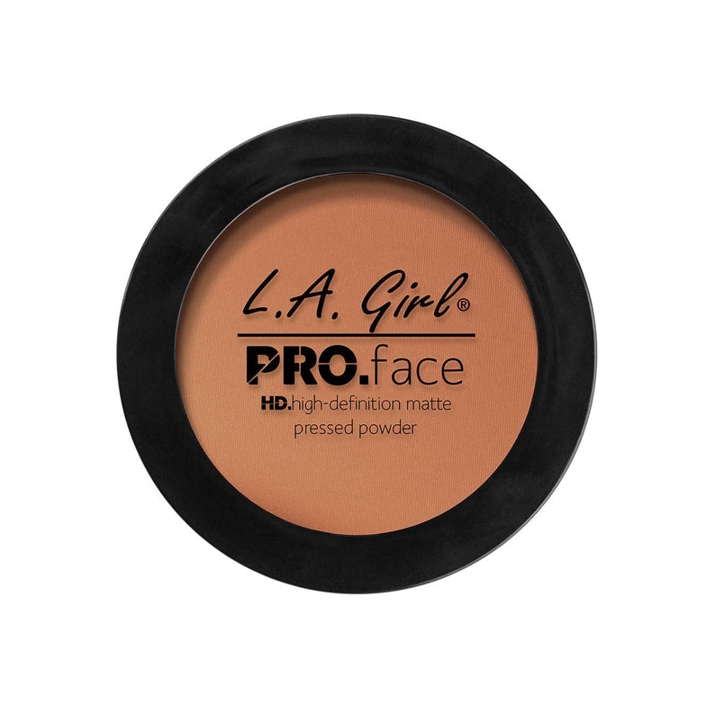 LA Girl Pro Face Matte Powder pressed powder makeup in tan shade with black round compact