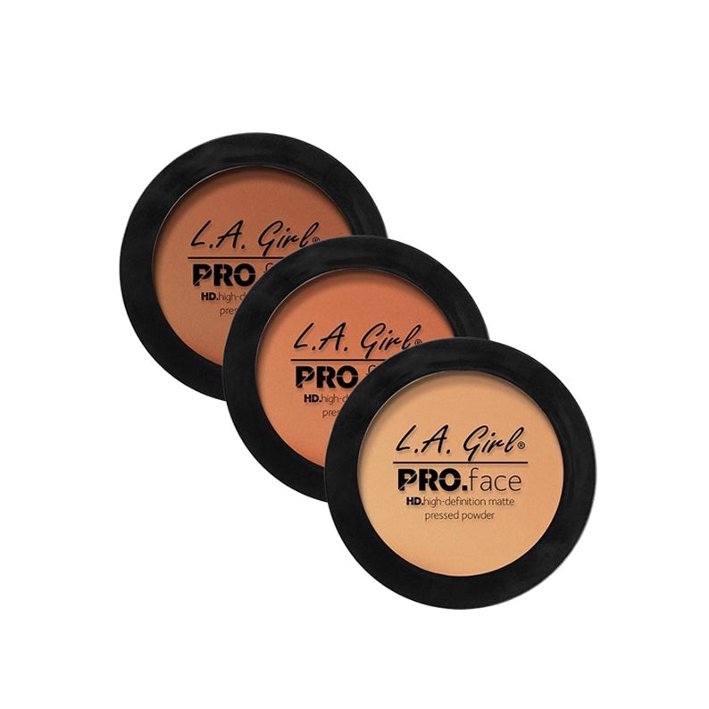 LA Girl Pro Face Matte Powder in three shades of pressed matte face powder makeup