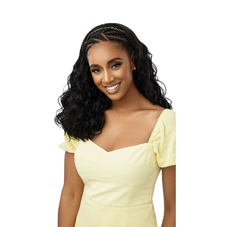 OUTRE dreamy bounce synthetic half wig in natural black shoulder length waves with braided accents and natural hairline