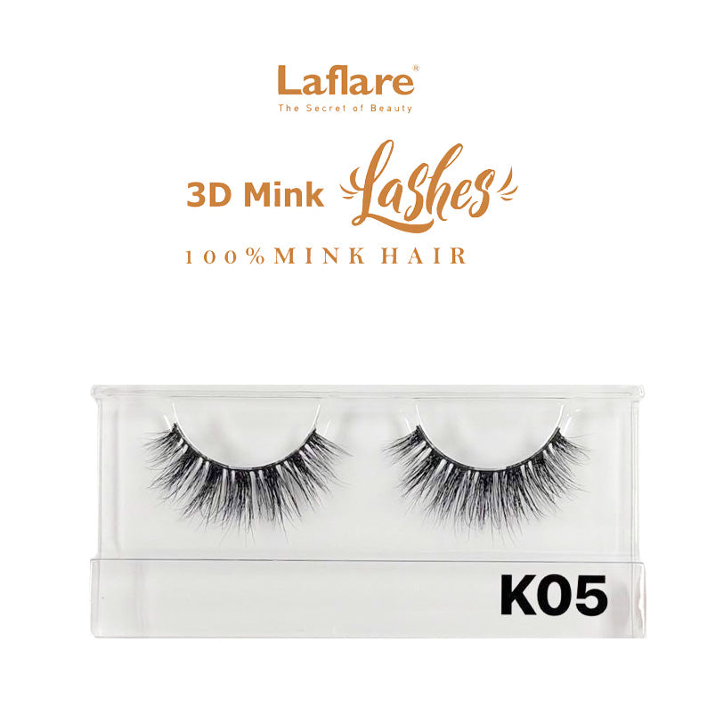 LAFLARE 3D faux mink lashes K05 in clear tray voluminous wispy black false eyelashes pack