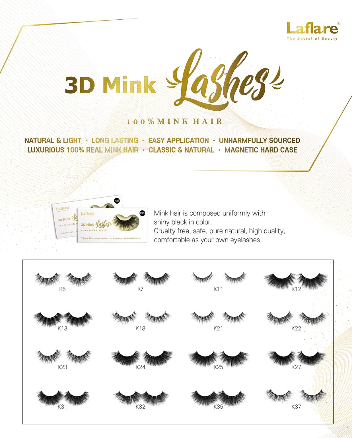 LAFLARE makeup display of 3D faux mink lashes K18 styles chart with multiple lash pattern samples