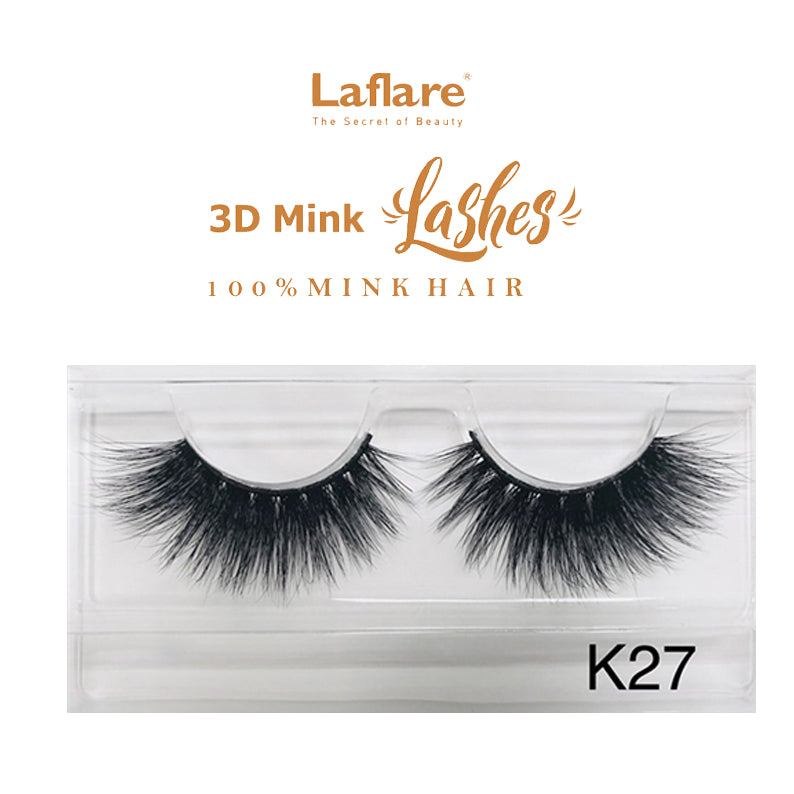 LAFLARE 3D faux mink lashes K27 dramatic black volumizing false eyelash pair in clear tray packaging