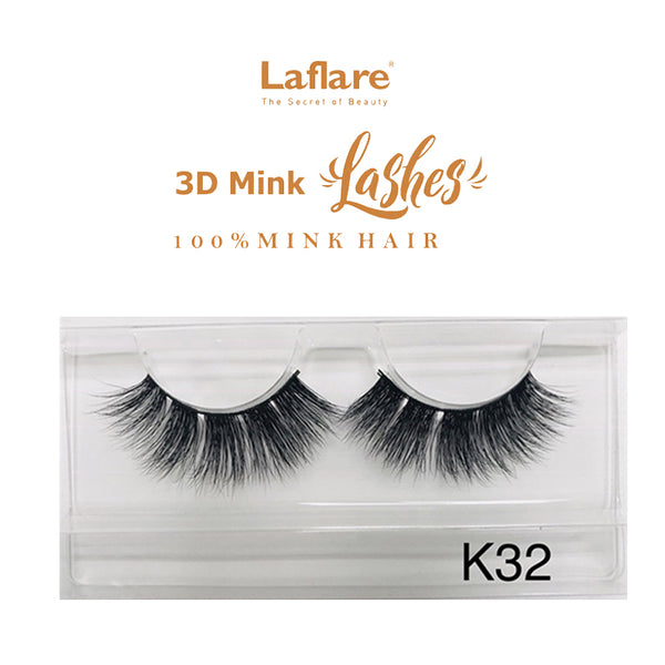 LAFLARE K32 dramatic black 3D faux mink lashes in clear plastic case for voluminous eye makeup