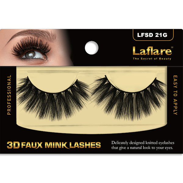 Laflare makeup packaging showing pair of dramatic black 3D faux mink lashes with model eye closeup
