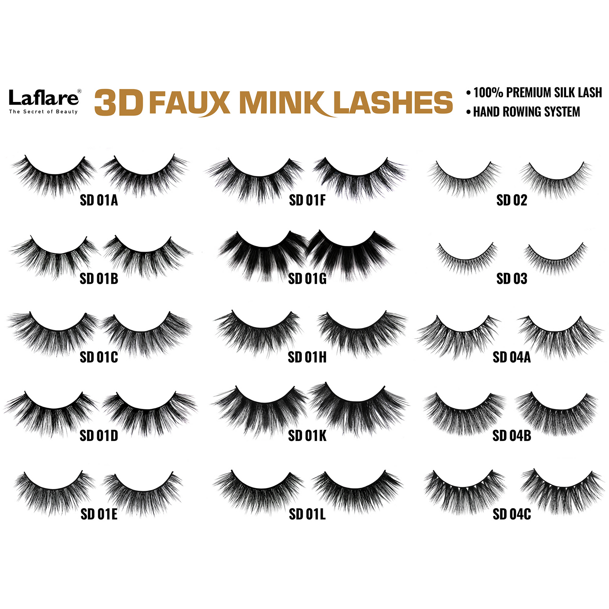 LAFLARE 3D faux mink lashes collection showing assorted lash styles and codes on white background for makeup