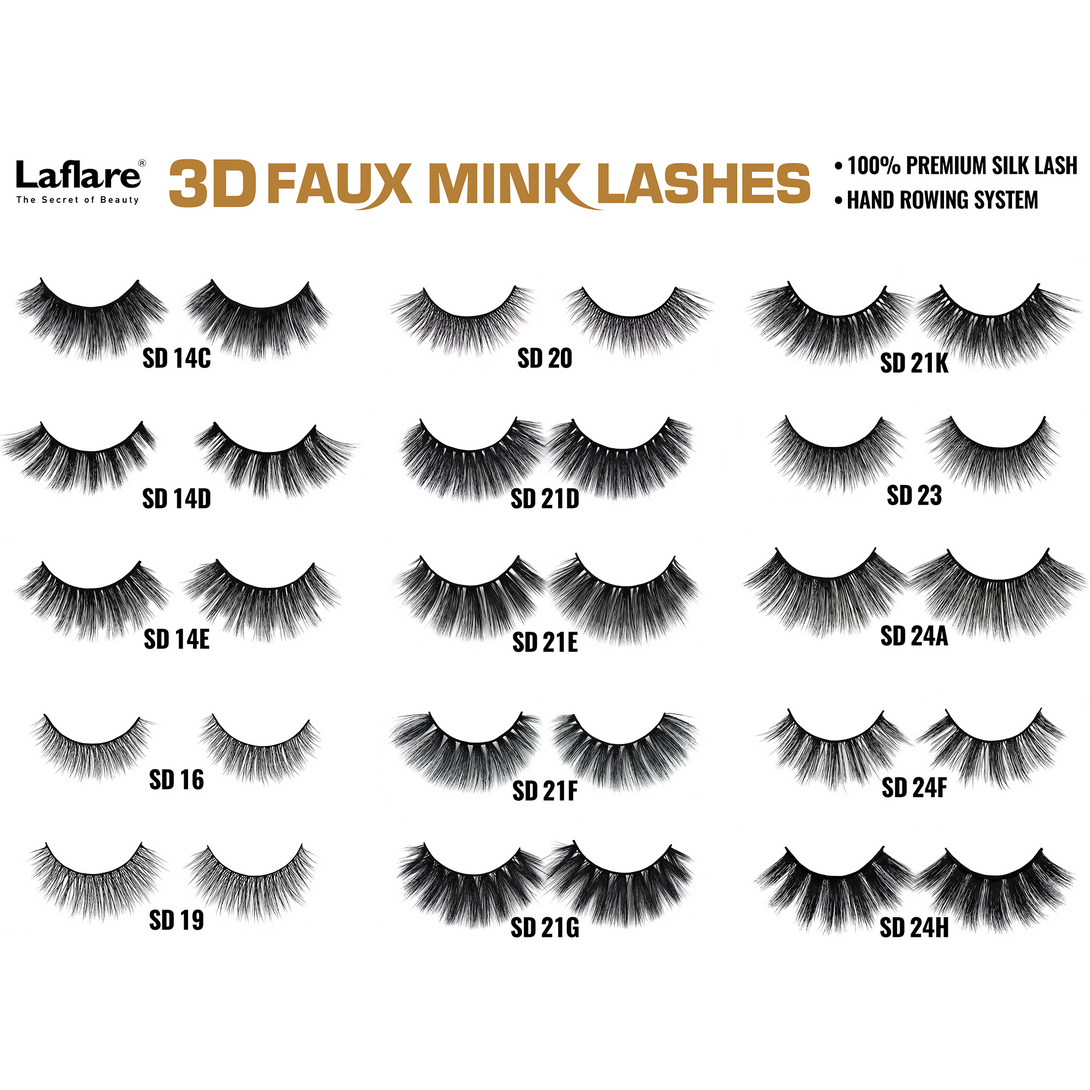 LAFLARE display of 3D faux mink lashes showing multiple SD style options arranged in three columns with labeled style numbers