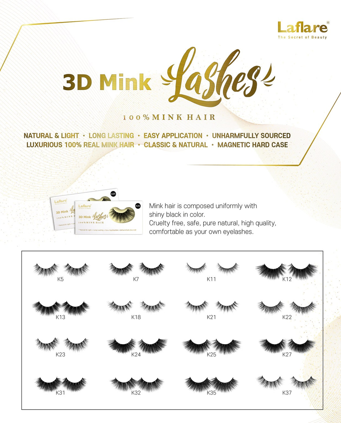 LAFLARE 3D faux mink lashes assortment display showing multiple black styles and magnetic hard case packaging