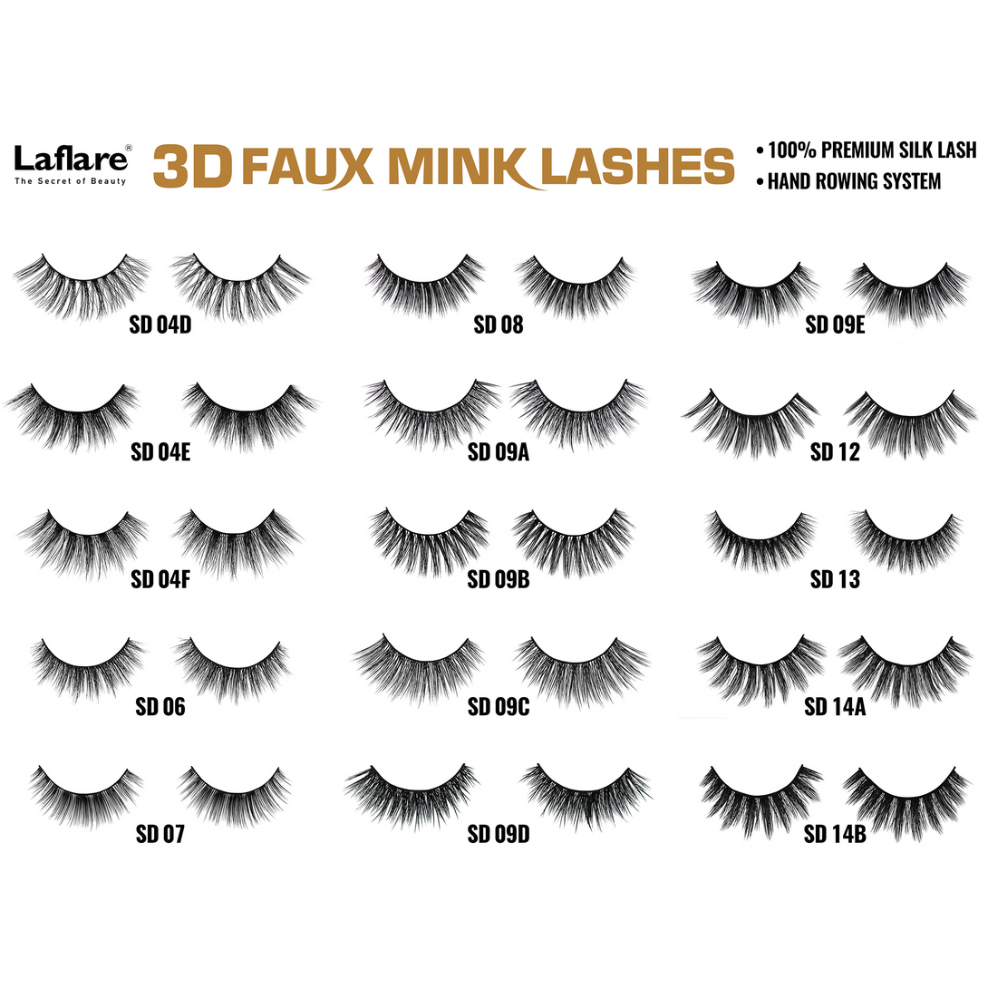 LAFLARE 3D faux mink lashes assortment showing 16 black false eyelash styles with style codes