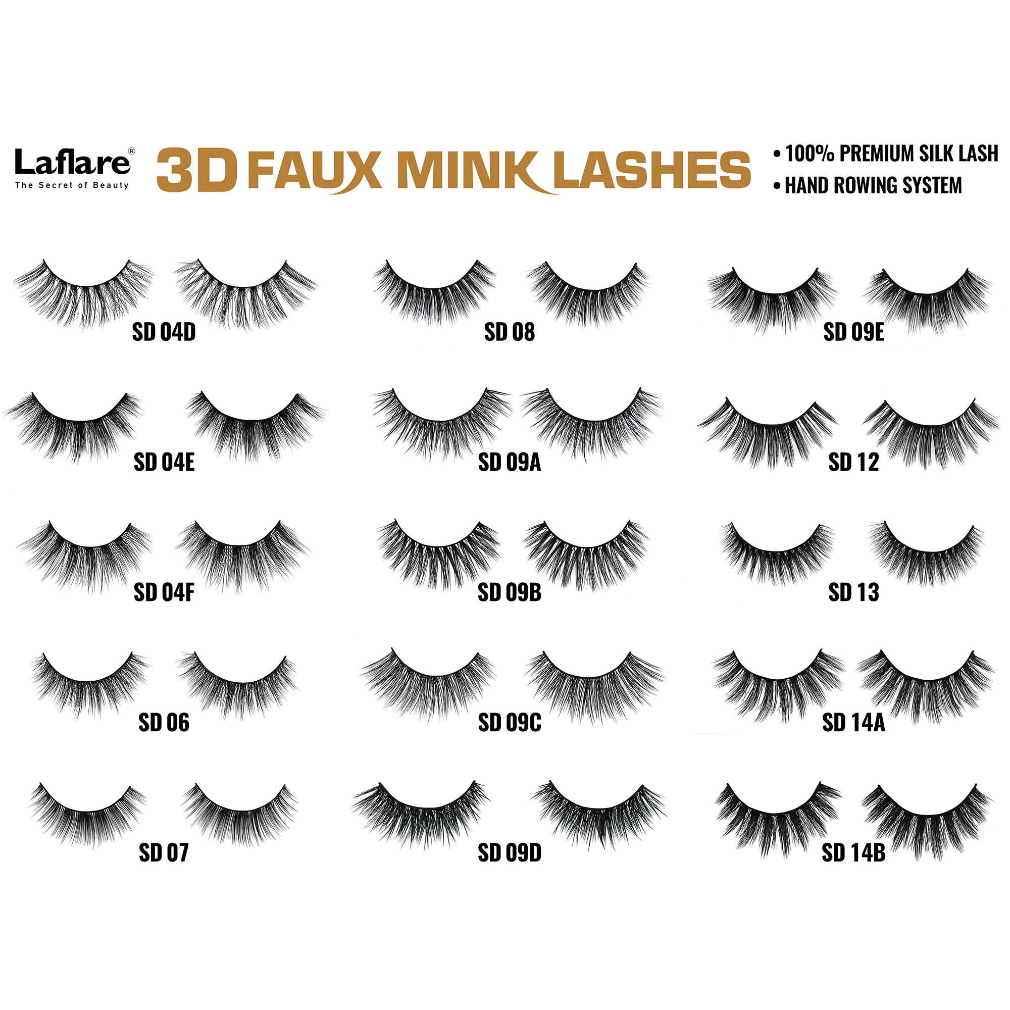 LAFLARE display of assorted 3D faux mink lashes styles labeled SD numbers premium silk hand rowed set