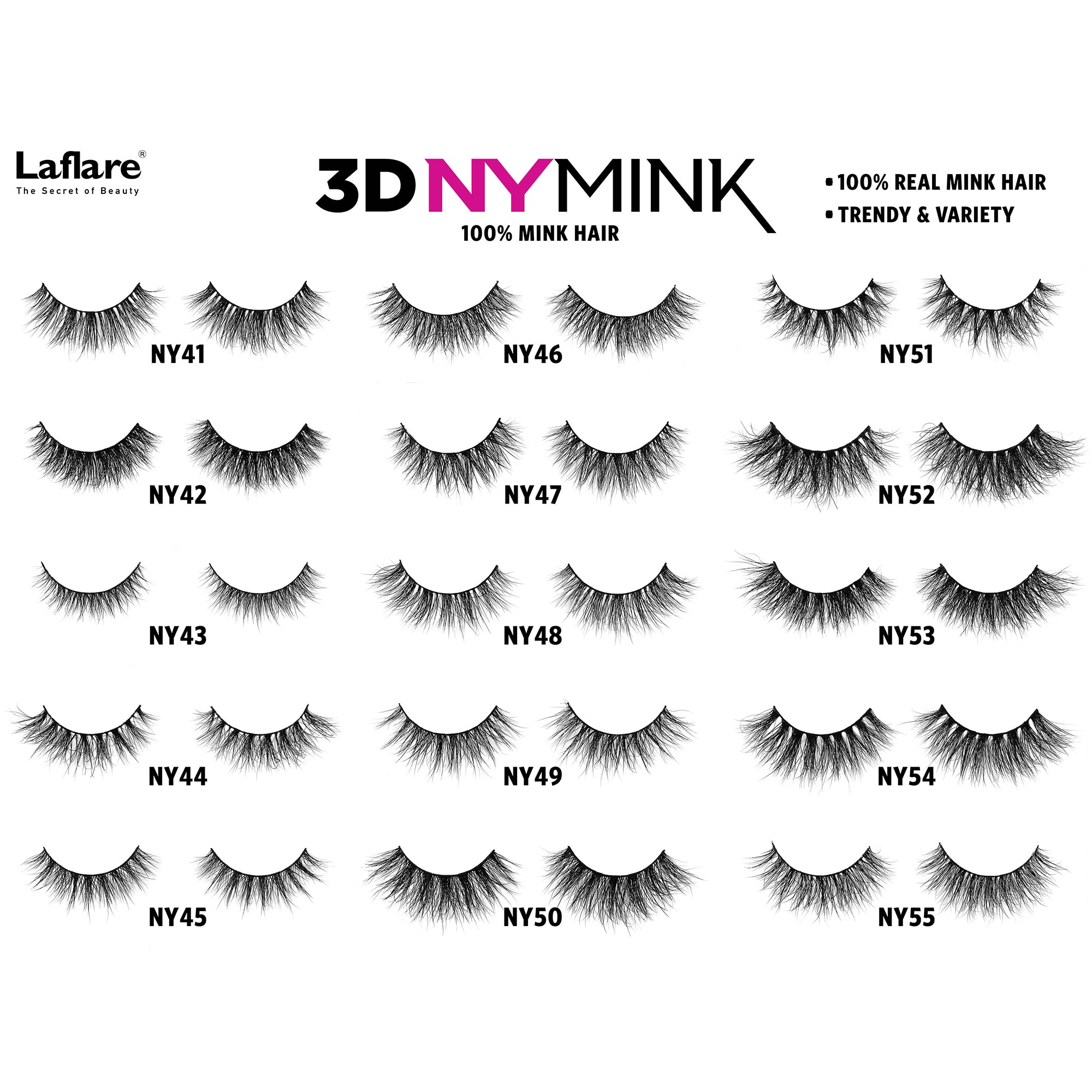 LAFLARE 3D mink eyelashes assortment display showing styles NY41 to NY55 set of natural to dramatic lash designs