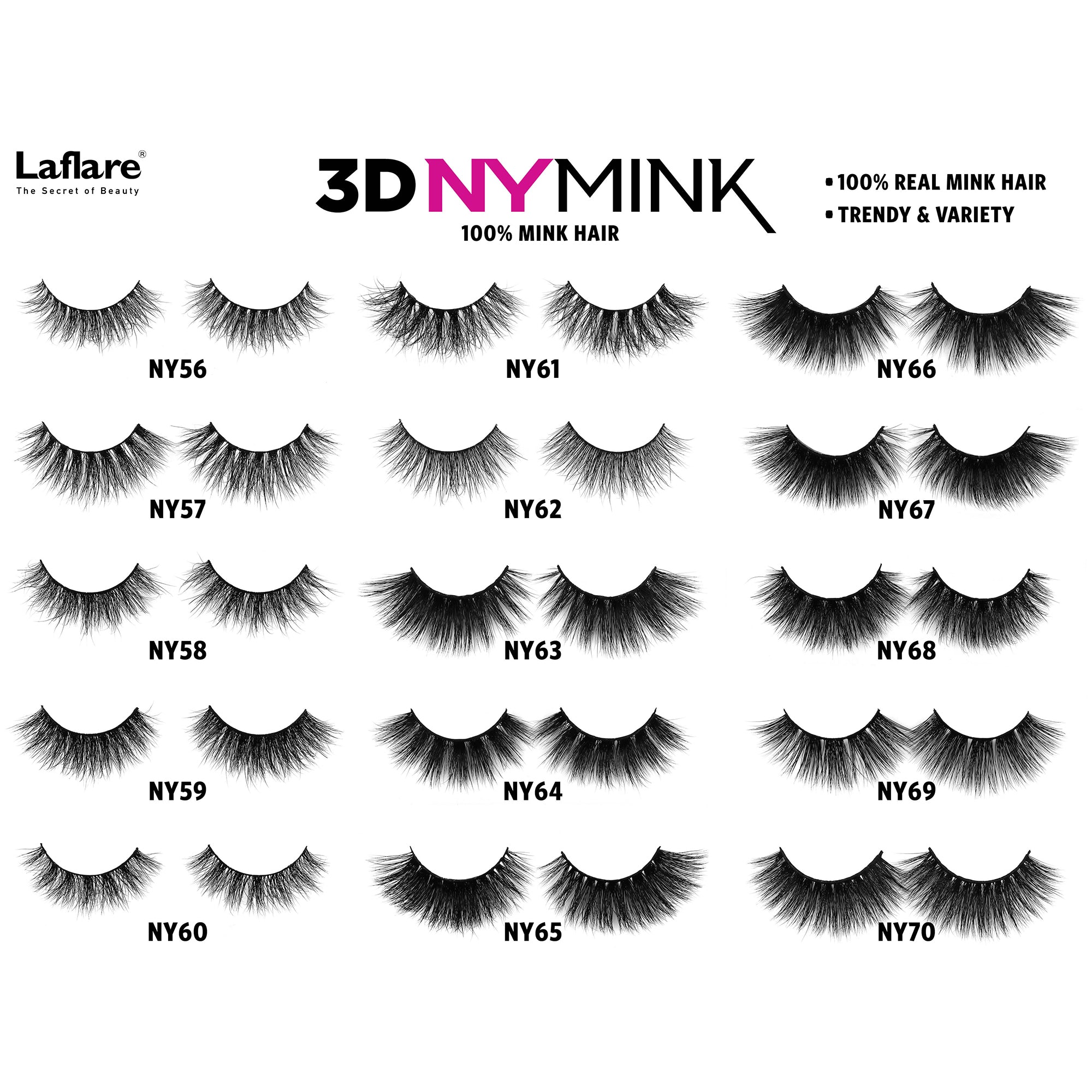 LAFLARE 3D NY mink lash style chart showing multiple 100 percent real mink styles NY56 to NY70 3D mink lashes for sale