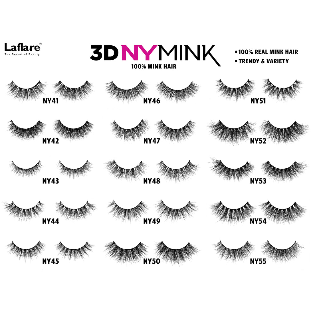 LAFLARE makeup display showing 3D mink lashes NY46 among assorted mink lash styles on white background