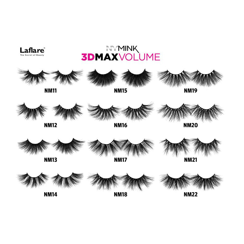 LAFLARE 3D Max Volume mink 3D volume false eyelashes assortment display showing styles NM11 to NM22