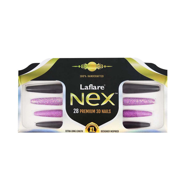 LAFLARE Nex 28 premium 3D purple glitter and black set with extra long coffin nail tips for dramatic manicures
