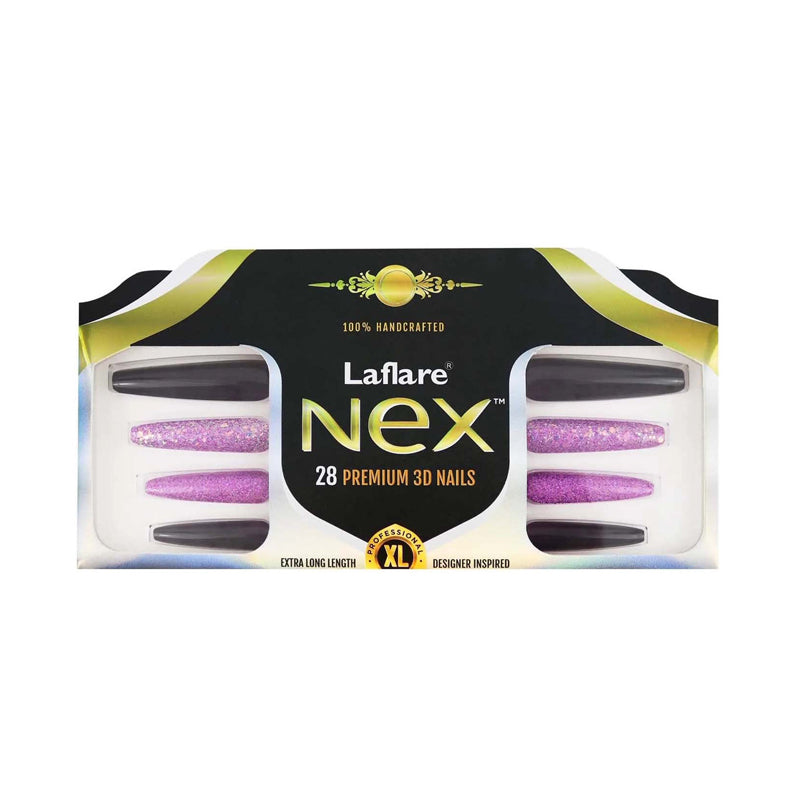 LAFLARE Nex 28 premium 3D purple glitter and black set with extra long coffin nail tips for dramatic manicures