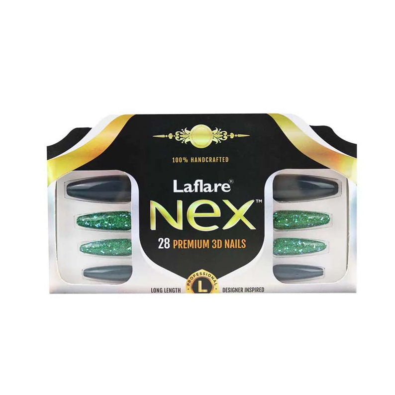 LAFLARE NEX 28 premium 3D press on nails pack with green glitter and black long coffin nail tips