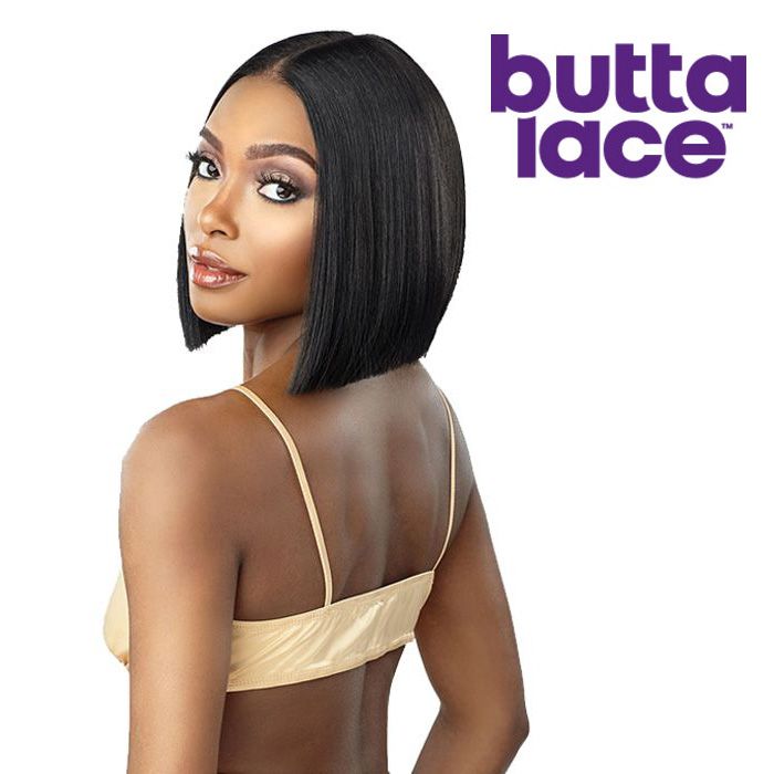 SENSATIONNEL Butta Lace Unit 22 wig straight sleek chin length bob on model with center part