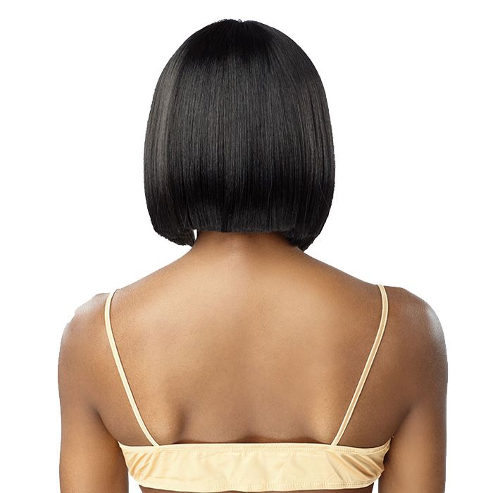 SENSATIONNEL Butta Lace Unit 22 wig sleek black blunt bob shown from back on model with bare shoulders
