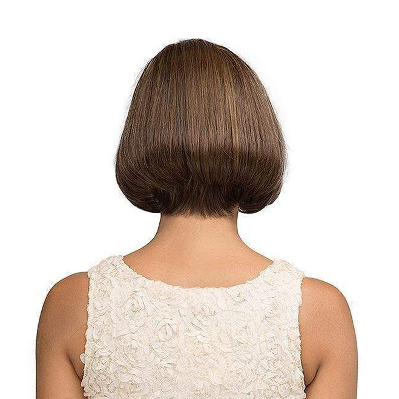 Back view of BOBBI BOSS synthetic lace front wig with smooth brown bob hairstyle on a model