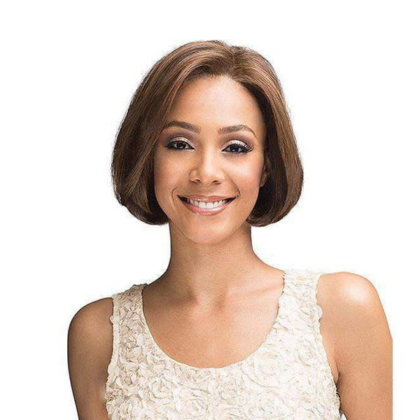 Bobbi Boss synthetic lace front wig with a sleek short brown bob style on a smiling woman