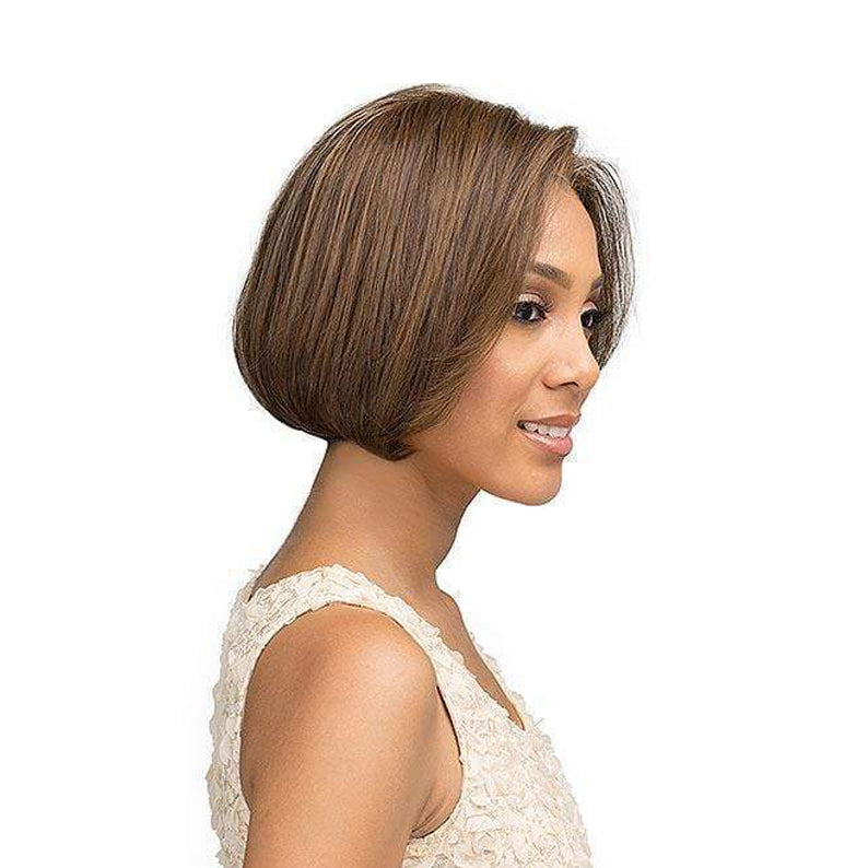 Bobbi Boss synthetic lace front wig in a sleek brown bob style on a smiling woman