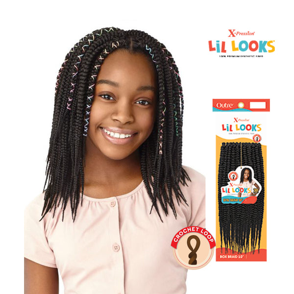 OUTRE Lil Looks kids box braid hair extensions styled on young girl with colorful thread accents
