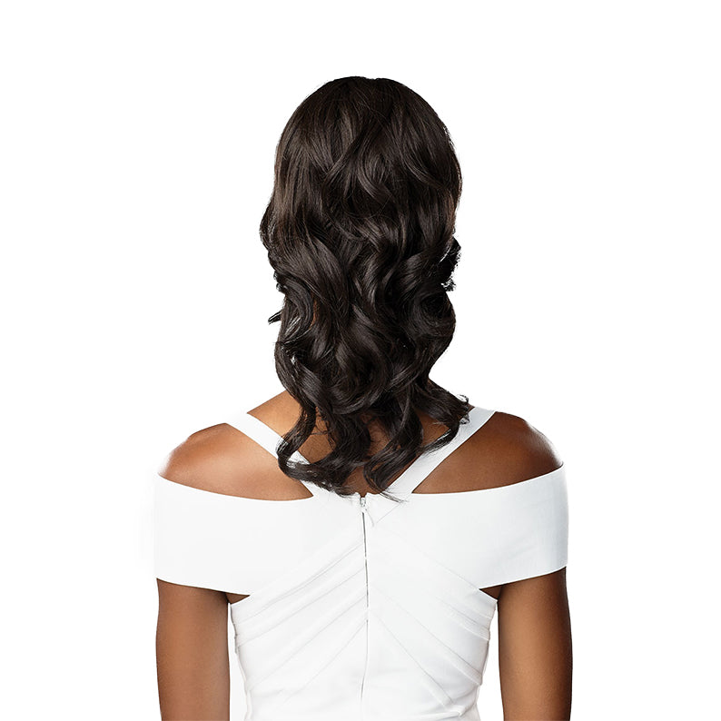 SENSATIONNEL model wearing Lulu Pony Kiki ponytail extension wavy dark brown mid length back view