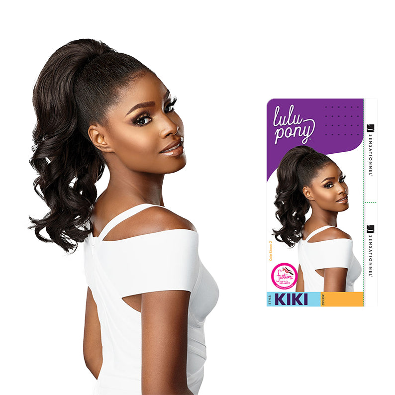 SENSATIONNEL model wearing Lulu Pony Kiki ponytail extension high wavy black clip in ponytail