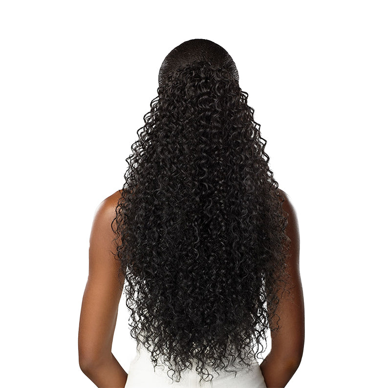 SENSATIONNEL long dark natural curly ponytail hair extension on model showing full length and texture