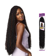 Sensationnel LuluTress 24 inch long curly braid hair extensions on model with dark brown curls
