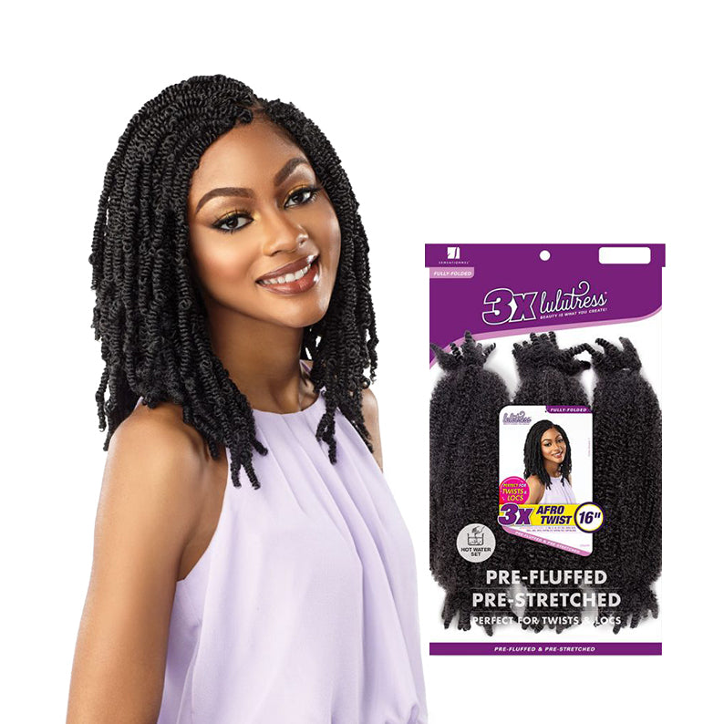 Sensationnel Lulutress 3X Afro Twist hair braids 16 inch pre-fluffed pre-stretched bundle with model