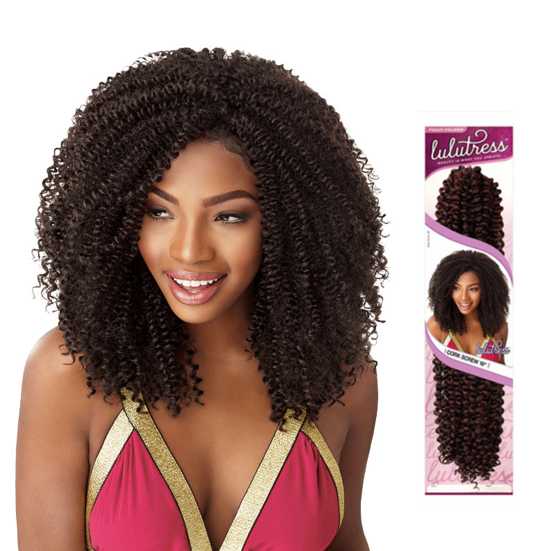 Sensationnel Lulutress Cork Screw braid 18 inch shown on model with tight curly black hair