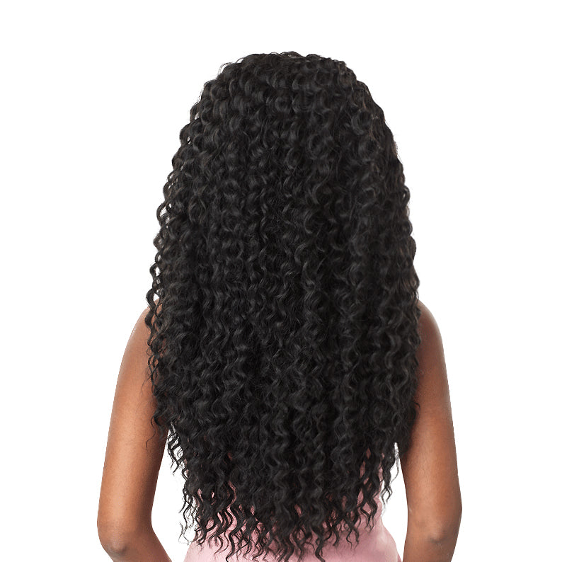 Back view of long black curly hair showcasing Lulutress Deep Twist braid 18 inch from Sensationnel