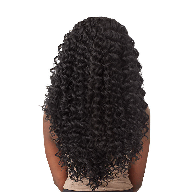 SENSATIONNEL Lulutress deep wave braid hair in long black curly style from the back