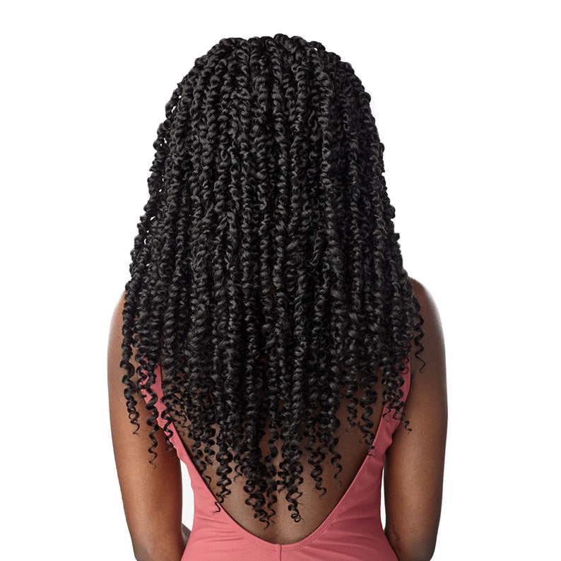 SENSATIONNEL braid using Lulutress Passion Twist hair medium length black curly twists displayed on model back