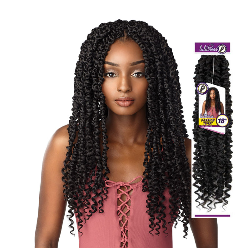 Model wearing long black passion twist braids with curly ends featuring Lulutress Passion Twist hair by SENSATIONNEL