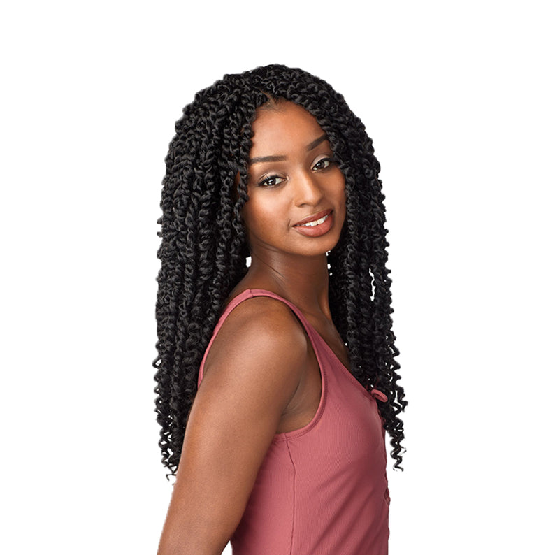 Model wearing SENSATIONNEL braid Lulutress Passion Twist hair long black passion twist braids in pink tank