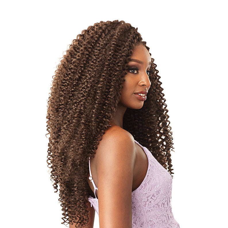 SENSATIONNEL Lulutress Water Wave braid in long curly brown style worn by woman in lavender lace top