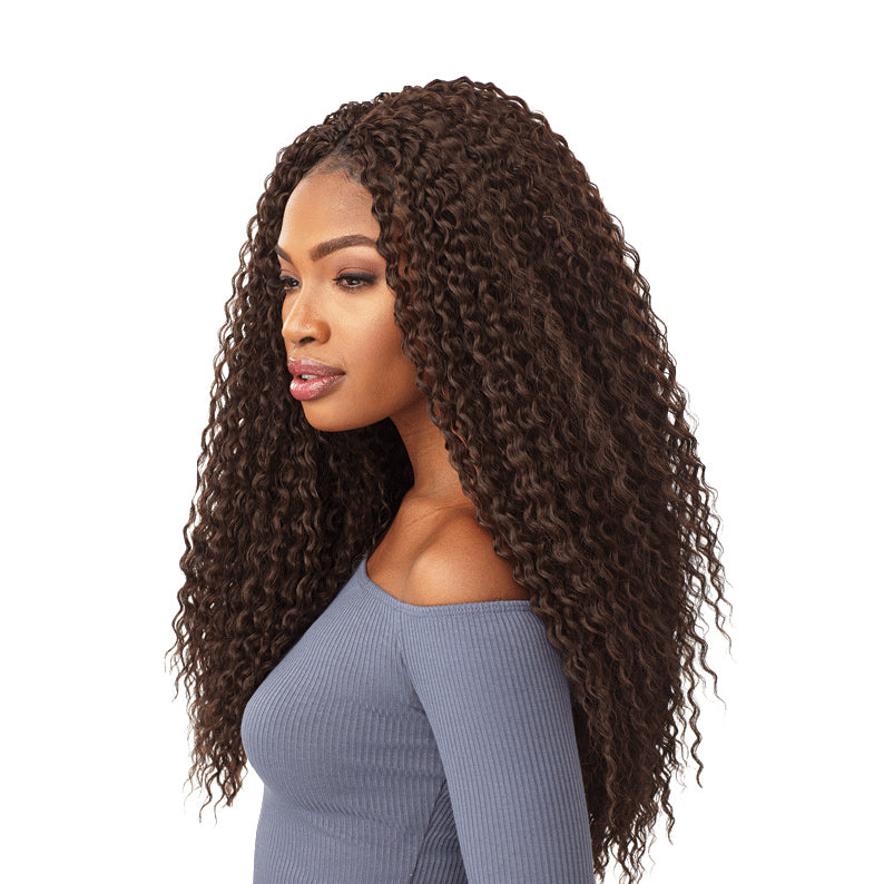 SENSATIONNEL Lulutress wet curly braiding hair in long dark brown curly texture on model