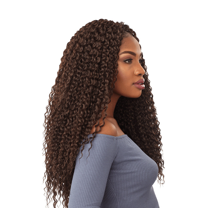 SENSATIONNEL Lulutress wet curly braiding hair on model with long dark brown curls