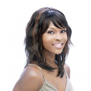 Shoulder length layered brown wig with blonde highlights and side bangs full cap wig for women