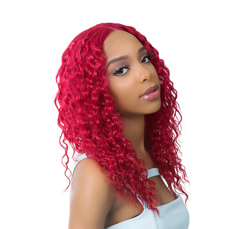 Model wearing vibrant red HD lace water wave wig shoulder length with natural hairline for styling