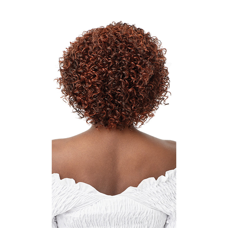 OUTRE synthetic lace front wig 10 inch short curly auburn brown style shown from back on model