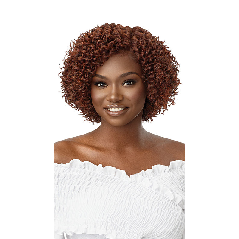 OUTRE synthetic lace front wig 10 inch curly auburn bob on model with natural hairline for everyday wear